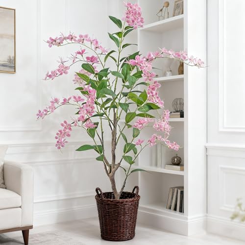 Artificial Jasmine Tree 5ft Beige Flower Pot Fake Trees, Lifelike Artificial Trees with Natural - Looking Blooms, Perfect for Any Space - size: 5ft