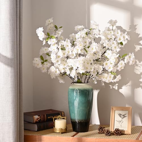 Sunm Boutique White Cherry Blossom Flowers, Artificial Cherry Blossom Decor Faux Cherry Blossom Branches Vase Arrangements for Wedding Home Party Kitchen Decor, Set of 3 - color: White With Leaves, size: Pack of 3