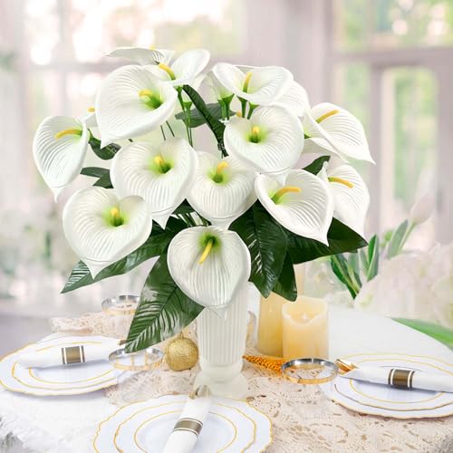 SNAIL GARDEN 18 Blooms Artificial Calla Lilies with Leaves, 22in/56cm Fake Flowers for Wedding Bouquet with Rotatable Flower Heads, White Artificial Flowers for Centerpiece, Home Décor