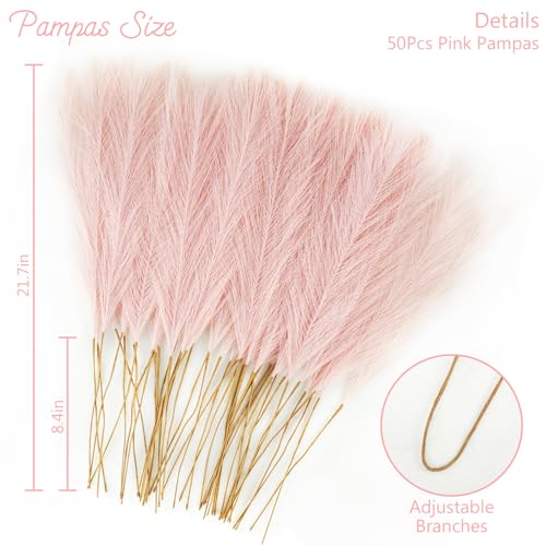 obbsie 50pcs Pink Faux Pampas Grass Decor, 21.6" Short Artificial Floral Branches Vase Filler Flower Arrangement for Home Wedding Boho Outdoor Decor - color: Pink, size: 50 PCS