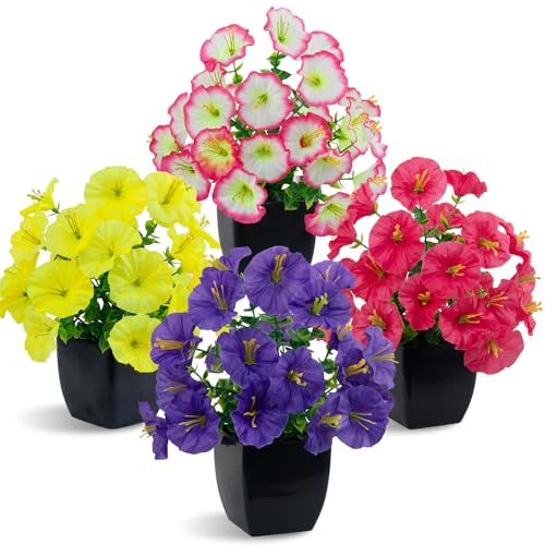 LOYWREE 4 Pack Small Faux Plants Spring Artificial Flowers Fake Plants Indoor Bathroom Accessories for Home Room Office Desk Decor(Black Square Pot) - color: Morning Glory-black Pot, size: Black Pot