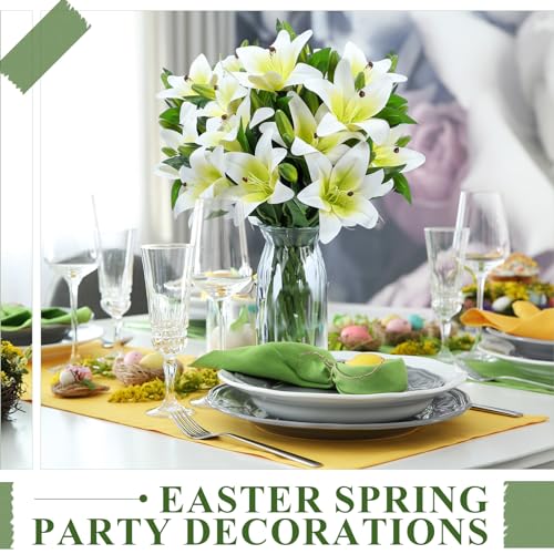 XunYee 16 Pcs Artificial Tiger Lily Flowers Lifelike Touch Lily Latex Lilies Flowers Artificial Bouquet Faux Latex with Rods for Summer Home Decoration Birthday(White and Green) - color: White and Green