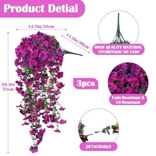 3PCS 396 Heads Artificial Morning Glory Flowers for Outdoors Faux Hanging Flowers Fake UV Resistant Flowers Realistic Trailing Faux Plant for Porch Patio Balcony Yard Decora (Violet Red Purple) - color: Violet Red Purple