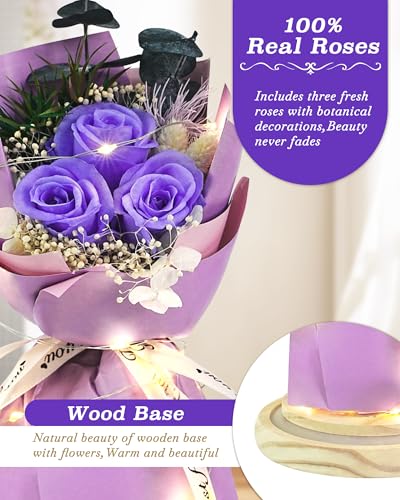 HVY Preserved Flower Bouquet Gift for Her,Forever Fresh Flowers for Delivery Prime Preserved Roses in Glass with LED Light Mothers Day Birthday Gifts for Mom,Wife,Grandma, Purple Rose - color: Purple Rose