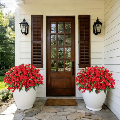 Roberly 6 Bundles Artificial Flowers for Outdoors, Faux Silk Catharanthus Roseus Flowers Bouquet Fake Greenery Plant for Spring Summer Garden Patio Porch Window Box Table Home Decor, Red - color: Red