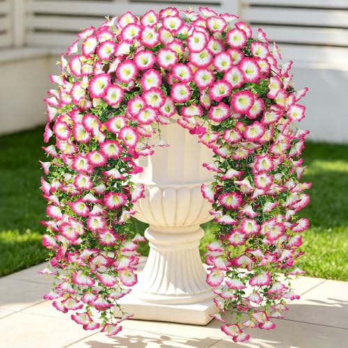 Artificial Hanging Flowers for Outdoors, 6Pcs UV Resistant Morning Glory Vines Fake Flowers with Eucalyptus, Realistic Silk Faux Hanging Plants Decor for Outside Planter Porch Patio (Pink Edge White) - color: Pink Edge White