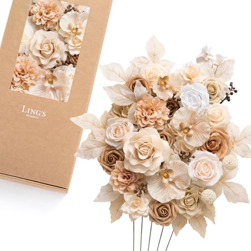 Ling's moment Fake Flowers Box, Faux Artificial Greenery Stems Foam Roses Gardenias Silk Orchids Fabic Flower for Centerpieces Bouquet Wedding Vase Floral Decorations, Tawny Beige, Deluxe Combo - color: Beg-tawny Beige, size: Deluxe