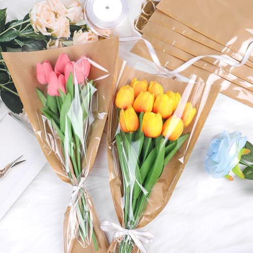 DIYASY 50 Pcs Flower Wrapping Bags for Bouquets, Kraft Paper Floral Packing Sleeves with Ribbons Florist Wrap Supplies for Wedding Mother's Day Graduation Gift 9.8x3.9x17.9 Inch - color: Brown