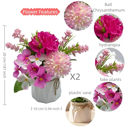 2 Potted Red Hydrangea Artificial Flowers Bathroom Decorations，Faux Silk Chrysanthemum Floral Hydrangea Plant Small Fake Flower Bouquet Coffee Table Decor for Living Room Home Kitchen Office - color: Red