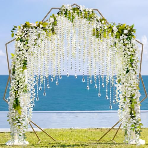 XunYee 16 Pcs Wisteria Artificial Flowers Garland and Crystal Garland Set 4 Pcs Total 72 ft White Silk Wisteria 12 Acrylic Crystal Strands for Wedding Arch Backdrop Home Garden Decor