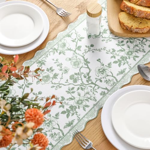HunnmingRe 71x12 Inch Sage Green Floral Table Runner Vintage Table Runner Chinoiserie French Country Decor Summer Outdoor Tablecloth Decorative Dinner Tablecloth for Home Dining Kitchen Party Decor - color: Green