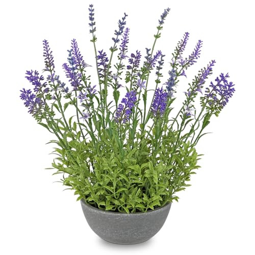 Oairse Artificial Lavender Flowers with Cement Pot - 12.9" Fake Lavender Flower Rustic Arrangement Purple Potted Faux Plants for Indoor Farmhouse Table Centerpieces Office Home Decor - color: Purple