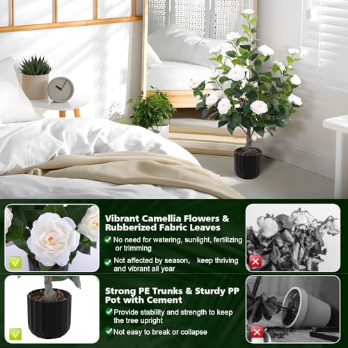 Hananona 2 Pcs Artificial Camellia Trees Faux Camellia Plant in Pot with Flowers Indoor Plants for Spring Home Decor Outdoor Porch Front Door Decor (White, M) - color: White