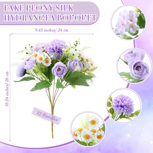 Tigeen Peonies Artificial Flowers Faux Roses Silk Flowers Hydrangea Artificial Bouquet for Wedding Table Centerpiece Floral Vase Home Office Bridal Decor(Light Purple,12 Bundles) - color: Light Purple
