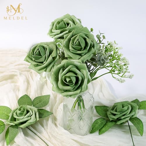 Artificial Flowers 25 Pack Elf Green Faux Foam Roses with Stems, Real Looking Fake Rose for DIY Wedding Bouquets, Bridal Shower Centerpieces, Party Table Decorations, Home Decor - color: Elf Green, size: 25Pcs