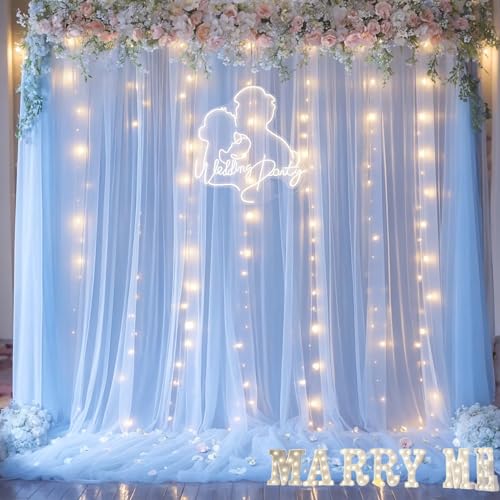Baby Blue Sheer Tulle Backdrop Curtains with Lights String for Parties Baby Shower Decorations for Boy Bridal Shower Birthday Party Photo Shoot Background Wall Decorations 10×8ft(2 Panels 5×8ft) - color: Baby Blue, size: 10 ft X 8 ft(2 Panels 5ft X 8ft)