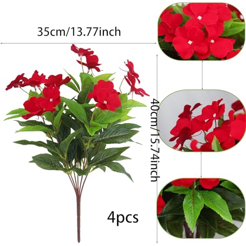 CITYES 4 Pcs Artificial Flowers Outdoor Impatiens UV Resistant Silk Impatiens Flowers Red Faux Flowers Impatiens Bushes Artificial Impatiens for Pot Patio Lawn Garden Hanging Basket Porch Decor - color: Red