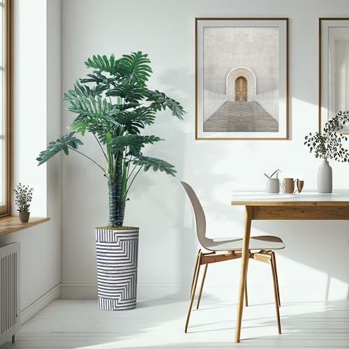 Artificial Tree in Modern Geometric Pattern Planter, Fake Philodendron Tree Silk Tree for Indoor and Outdoor Home Decoration - 70" Overall Tall (Plant Pot Plus Tree) - style: Philodendron Tree