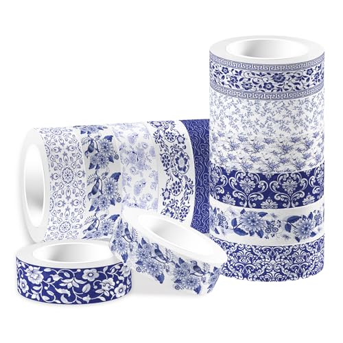 Bolsome 12Rolls Blue Floral Washi Tape Vintage Flowers Washi Tape Chinoiserie Design Decorative Tape for Wedding Birthday Envelope Scrapbook Craft Supplies