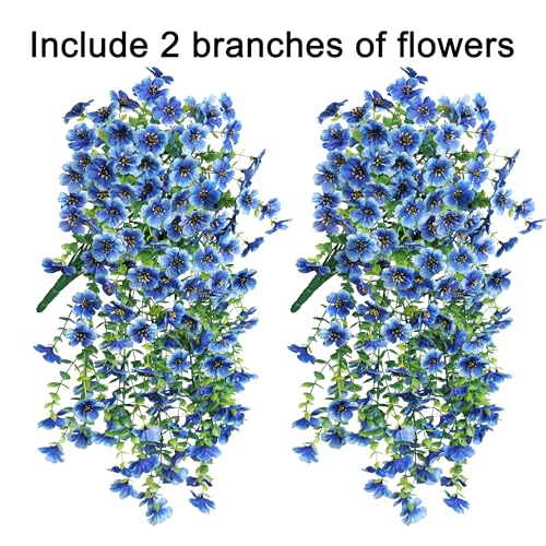 Artificial Faux Hanging Flowers Plant for Fall Outdoor Outside Decoration, 2 PCS Fake Silk Violets with Eucalyptus UV Resistant Realistic Daisy Trailing Vines for Balcony Yard Patio Porch Planter,Blue - color: Blue