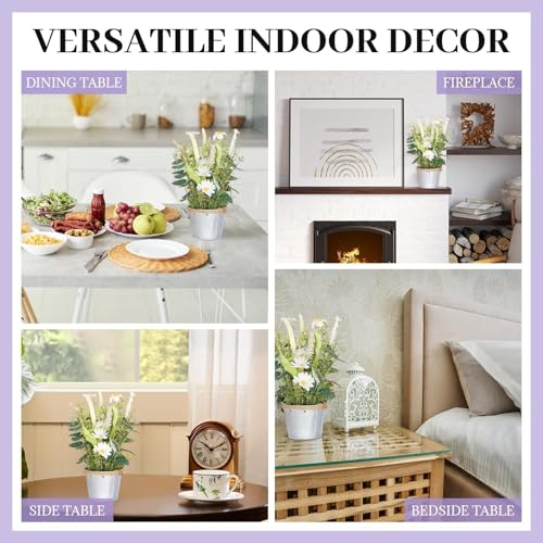 Artificial Flowers Potted, 12.2'’ Small Flower Arrangement with White Daisy Lavender in Metal Pot, Fake Floral Centerpieces for Tables Spring Summer All Season Home Indoor Decaorations - color: Cream 01