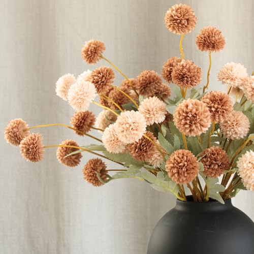 Artificial Flowers with Vase for Home Decor - Faux Mum Flower Arrangement Centerpiece, 12 Stems Beige and Brown Silk Flowers in Black Iron Vase for Dining Table Living Room Office Bedroom - size: Beige/Brown Bouquet in Vase