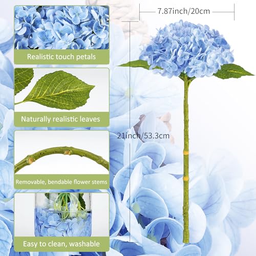 3Pcs Real Touch Artificial Hydrangeas 21" Latex Faux Hydrangea Flowers Stems for Vases, Wedding Centerpieces, Home Decor — Removable Heads,Blue - color: Blue
