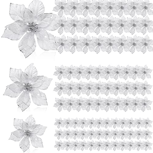 Geosar 100 Pcs 3 Size Christmas Poinsettia Flowers with Clips Glitter Artificial Flowers Small Christmas Tree Ornaments Faux for Xmas Party DIY Craft Wreath Garland New Year, 3/4/6 Inches(Silver) - color: Silver