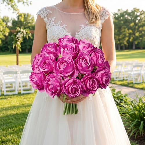 Ivydale 18pcs Hotpink Roses Artificial Flowers, Fake Roses Silk Flowers with Stems Realistic Bouquet for Mother's Day Wedding Party Home Decoration DIY Centerpiece Floral Romantic Gifts - color: Rose-hotpink