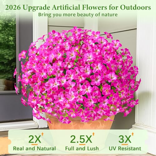 MARTINE MALL 12 Bundles Look Real Artificial Flowers for Outdoors, Realistic Fake Outdoor Flowers, UV Resistant Silk Petunia Flowers for Outside Faux Flowers for Outdoor Garden, Rose Red - color: Mixed Rose Red, size: 12 Bundles