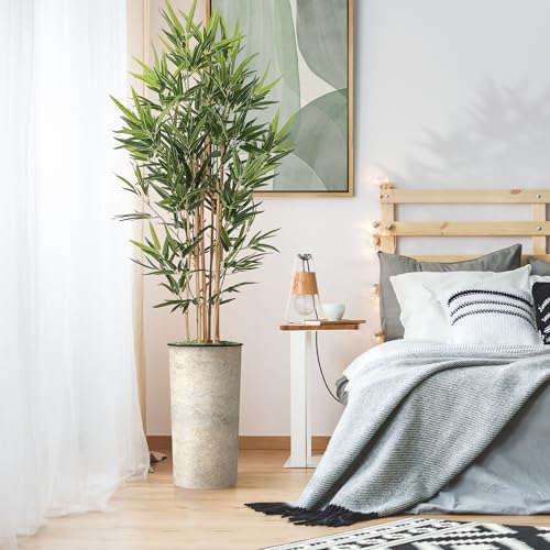 Artificial Tree in Off-White Texture Planter, Fake Bamboo Silk Tree for Indoor and Outdoor Home Decoration - 70" Overall Tall (Plant Pot Plus Tree) - style: Bamboo