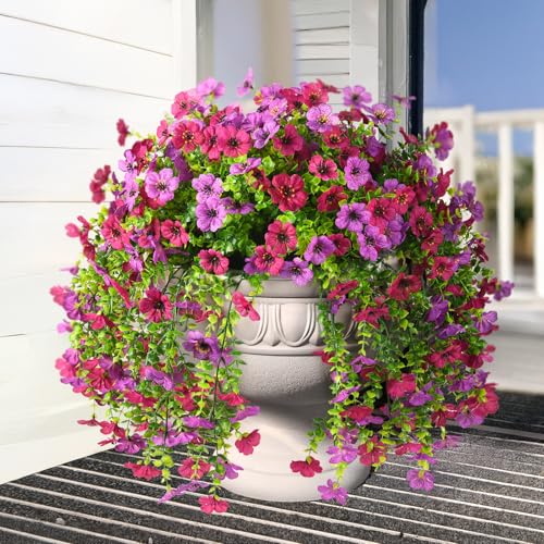 INQCMY 2Pcs Artificial Fake Hanging Flowers for Outdoors UV Resistant Artificial Plants for Spring Summer Decor Look Real Faux Flowers for Outside Home Planter Porch Patio Decor - color: Purple Red