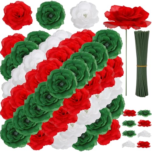 108pcs Roses Head Flowers with Stem - Red & Green White Italian Artificial Flowers Rose Bulk - Silk Rose Fake Flower for Mexico Italy Bridal Wedding Bouquet Baby Shower Centerpieces Christmas Decor - color: Green-red-white