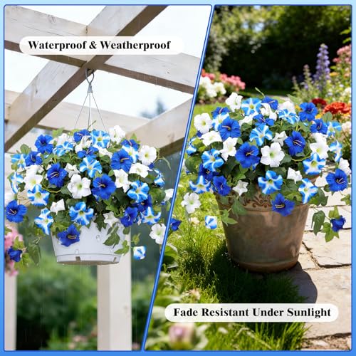 Artificial Flowers for Outdoors, 2 PCS Blue Faux Morning Glory UV Resistant Silk Flowers for Outdoor Planters Garden Balcony Porch Decor Realistic Fake Flowers for Spring Decoration - color: Blue, size: 2 Bundles