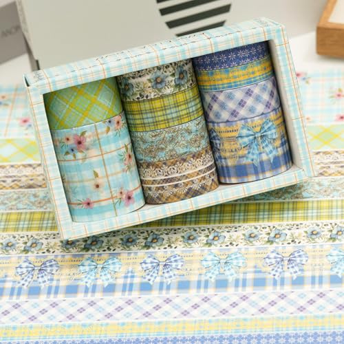 10 Rolls Vintage Floral Washi Tape Set Pastel Plaid Arts Adhesive Tapes Soft Colors Decorative Masking Tape Sets for Craft, Kids, Scrapbook, DIY, Gift Wrapping (Blue Bow) - color: Blue Bow