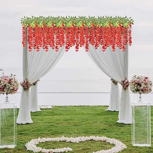 U'Artlines 24 Pack (Total 86.4 Feet) Artificial Fake Wisteria Vine Rattan Hanging Garland Silk Flowers String Home Party Wedding Decor (24, Red) - color: Red