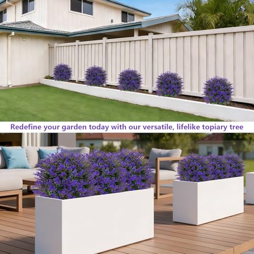 Grooy 4 Pack Artificial Lavender Topiary Trees with Ground Spike, Fake Shrubs UV Resistant Faux Plants for Outdoors, Faux Evergreen Bushes Plant for Front Porch Outdoor Garden Decor - color: Lavender Ball 4pcs