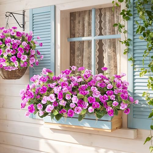Artificial Flowers for Outdoors, 6 Bundles Silk Fake Hibiscus Flowers for Spring Summer Decoration, UV Resistant Fake Plants Plastic Bouquet for Home Planter Porch Patio Yard Decor(Double Purple) - color: Double Purple