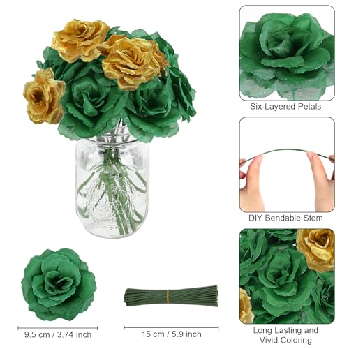 108pcs Roses Head Flowers with Stem - Emerald Green Gold Artificial Flowers Rose Bulk - Silk Rose Fake Flower for Wedding Bouquet Decor DIY Baby Shower Centerpieces St Patrick's Day Decoration - color: Green-gold