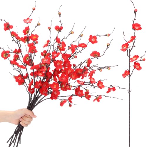 Suncalla 20 Pcs Artificial Plum Blossom Faux Flowers Silk Simulation Bouquet Flower Chinese Japanese Cherry Blossom Hibachi Party Decoration for Home Kitchen Hotel Office Wedding Party (Red,Classic) - color: Red, size: Classic