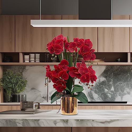 CXGS Artificial Orchid Flower Plants Real Touch Faux Orchids in Ceramic Vase 20.9'' Red Phalaenopsis Orchid Fake Flower Arrangement Home Indoor Decor - color: Red- Golden (12cm)