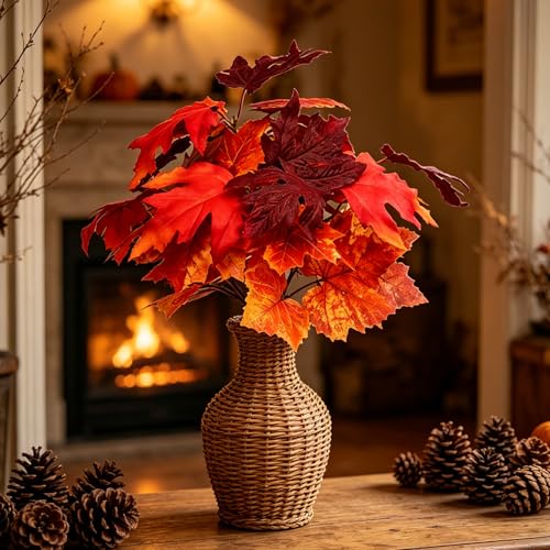 6 Pcs Artificial Fall Leaves Branches Fall Flowers 13.8 Inch Faux Autumn Maple Stems Mixed Colors Black Red Orange Floral Picks for Thanksgiving Table Centerpiece Halloween Home Decor - color: Red 2