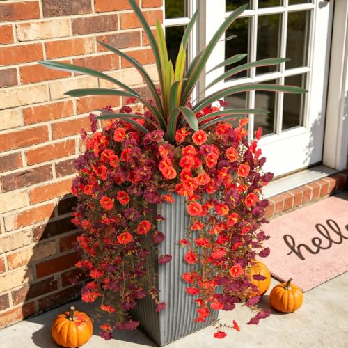 8 PCS Fall Artificial Morning Glory Flowers for Outdoors+Ochid Fake plants | UV Resistant Weatherproof for Indoor Outdoor Garden Patio Window Box Home Decor - color: Orange Brown Red-edged Orchid Plant