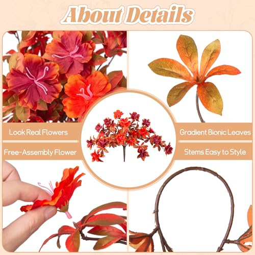 Fall Flowers Artificial for Decoration, Fake Silk Rhododendron Flowers for Outdoors, 2 Bundles Faux Azalea Outside UV Resistant No Fade Floral for Home Garden Balcony Walkway Wedding Party Decor - color: Y-orange Red
