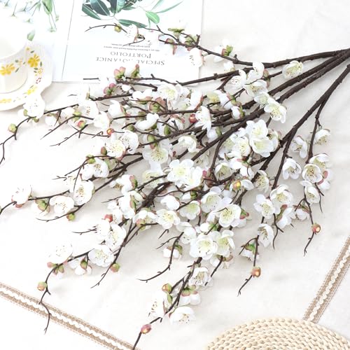 Betylifoy 4 Pcs Artificial Cherry Blossom Branches 38" Long Stems Faux Plum Blossom Flowers White Fake Flowers for Spring Decor Faux Silk Cherry Stems for Vase Arrangement Home Wedding Table Decor - color: White