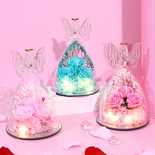 Mothers Day Rose Gifts for Women Preserved Real Flower in Glass Angel Figurines Roses for Delivery Prime Birthday Gifts for Mom Grandma Girlfriend Wife Her - Tify Blue - color: Aqua Blue
