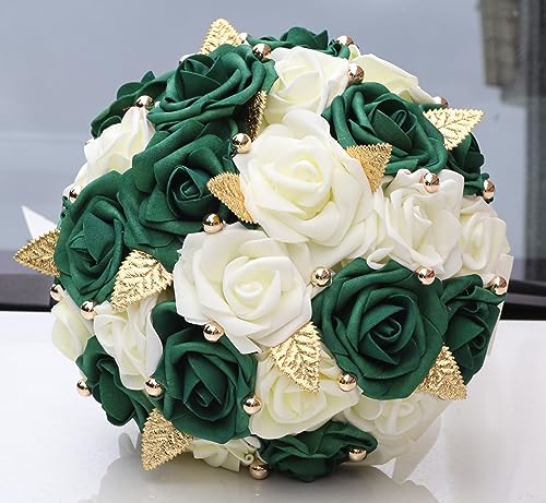 Handmade Wedding Bouquet Artificial PE Rose Bridal Bridesmaid Bouquet with Soft Ribbons Wedding Hand Holding Bouquet Artificial Fake Flowers Toss Bouquet(A-Emerald Green & Ivory, 9.1"/23cm) - color: A-emerald Green & Ivory, size: 9.1"/23cm