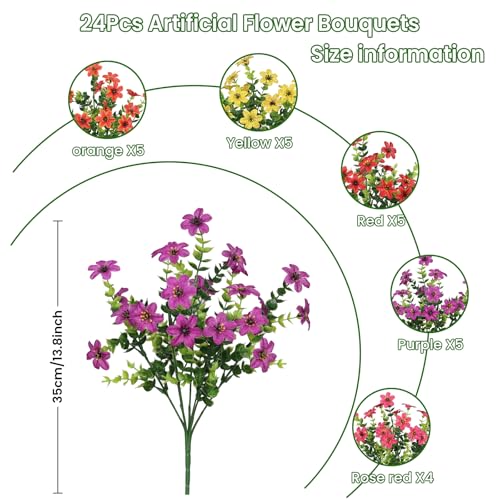 SHareconn 24 Bundles Artificial Flowers for Outdoors Decoration, Faux Plants Fake Silk Colorful Daisy Eucalyptus Lavender, UV Resistant for Outside Home Indoor Spring Decor, 5 Colors incl. Orange - color: Redfuchsiapurpleyelloworange