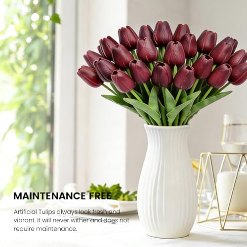 30 PCS Artificial Tulips Real Touch Tulips 13.5inch Long Stem Fake Flowers Silk Flowers for Spring Easter Mother's Day Decorations（Chocolate） - color: Chocolate