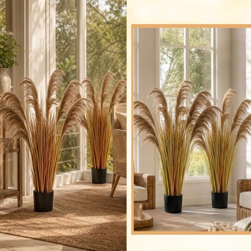 Jexine 2 Pcs Pampas Grass Potted Plants 4 ft Tall Artificial Grass Potted Artificial Greenery Floor Plants Tall in Pot for Housewarming Gift House Garden Bathroom Lobby Outdoor Decoration (Autumn) - color: Mainly Yellow, size: 4 ft